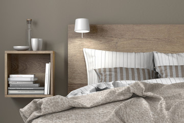 Modernes Doppelbett aus Holz mit Nachkästchen - obrazy, fototapety, plakaty