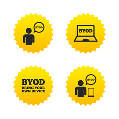 BYOD signs. Human with notebook and smartphone.