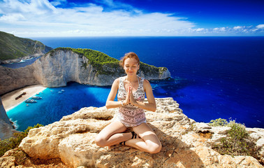 Traveler on the Background Incredible Navagio Beach or Shipwreck Beach. Zakynthos, Greece.