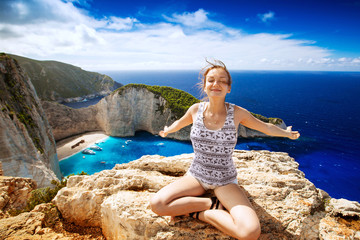 Traveler on the Background Incredible Navagio Beach or Shipwreck Beach. Zakynthos, Greece.
