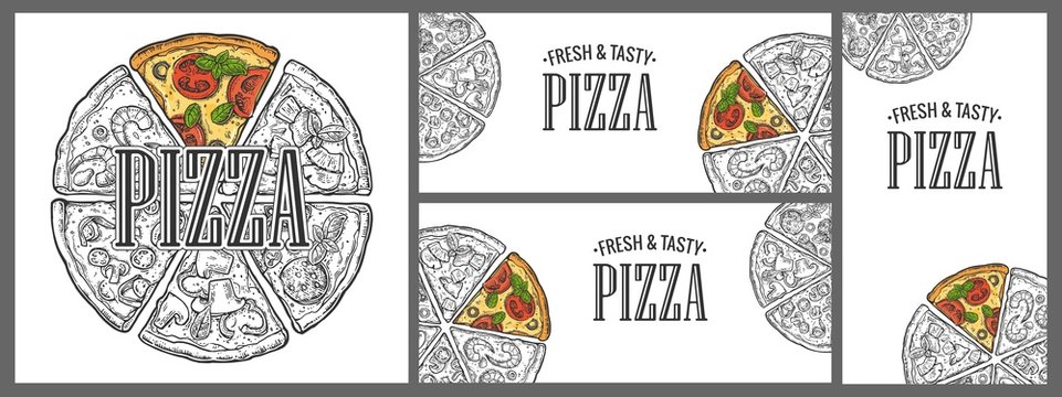 Horizontal, vertical and square poster with monochrome and colorful slice and whole pizza.