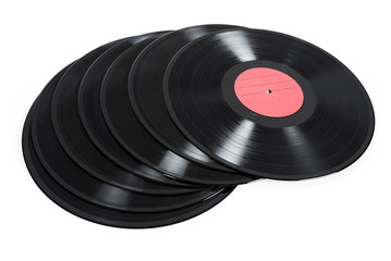 Stack of vinyl records on white background
