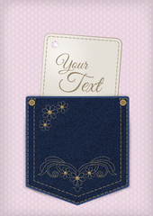 Denim jeans pocket with price or invitation label on the lace background. Vector illustration, EPS10