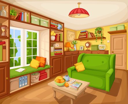 Vector cozy living room interior with bookcase, sofa and table.