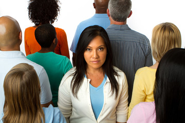 Woman standing alone in a cloud.