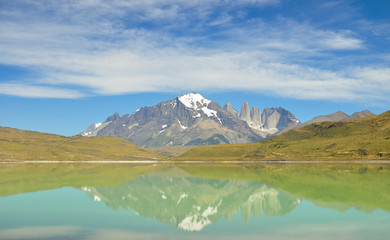Fototapeta na wymiar Shadow reflect of Torres del Paine in the lake 