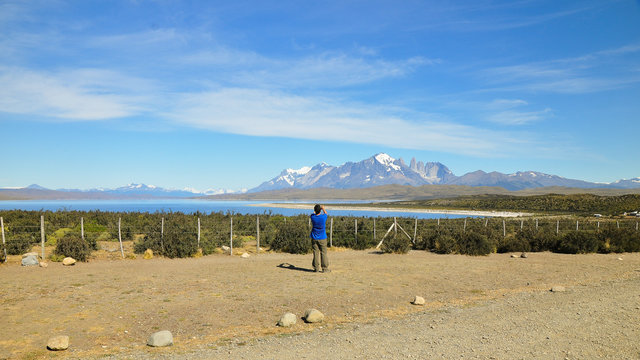 Tourist at Torres del Paine National Park, Chile, South America