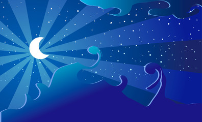 Vector Illustration. Cartoon sky. Moon and stars.