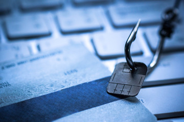 Computer threat. Credit card phishing attack on data chip