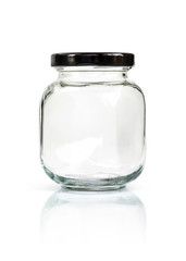 Clear glass bottle with black cap isolated on white background