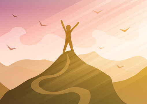 Vector Illustration. Success. Man on top of the mountain.