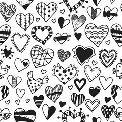 Black and white seamless pattern with decorative hearts for coloring