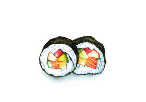 Futomaki, Sushi Roll, watercolor painting isolated on white background