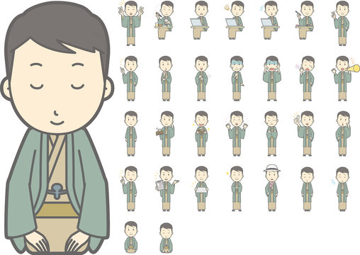 着物を着た男性vol 2 正座 メガホン Pcなど 様々な表情やポーズのイラストをセット Stock Vector Adobe Stock