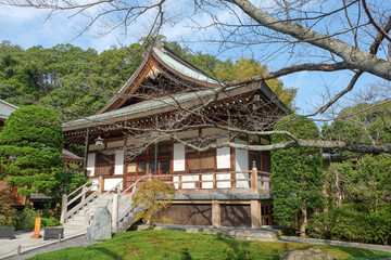 Pavilion in Japanese style, tree in the foreground