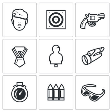 Vector Set of Shooting Range Icons. Soldier, Shoot, Weapon, Award, Mannequin, Observation, Speed, Arsenal, Safety.