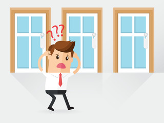 businessman confusing with future doors, where next path way