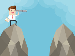 Obraz premium businessman standing on top of mountain and looking through telescope finding opportunities. employer finding ability to be a great employee. business vision concept..