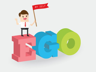 businessman standing on ego and holding flag with word my self