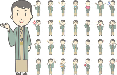 着物を着た男性vol.1（案内・指差し・笑顔など, 様々な表情やポーズのイラストをセット）