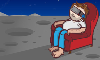 Virtual reality headset being used by overweight man in a chair to see moon and space