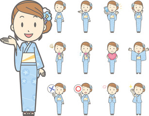 Obraz premium 浴衣を着た女性vol.1（様々な表情やポーズのイラストをセット）