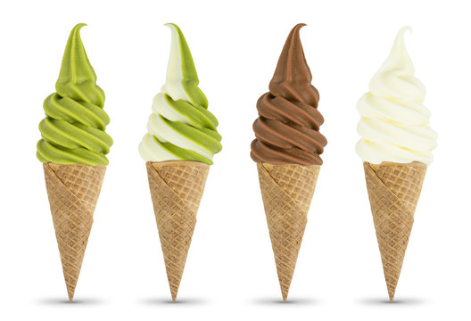 Milk Green Tea Chocolate Mix Ice Cream Soft Serve Isolated On White Background