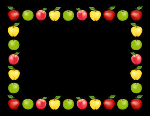 Apple frame place mat with red and golden Delicious, green Granny Smith and Pink apple fruit, black background with copy space.  
