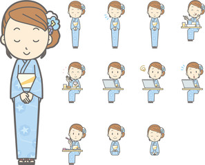 Obraz premium 浴衣を着た女性vol.4（様々な表情やポーズのイラストをセット）