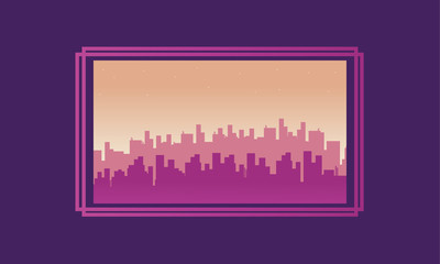 City scenery silhouettes on purple backgrounds