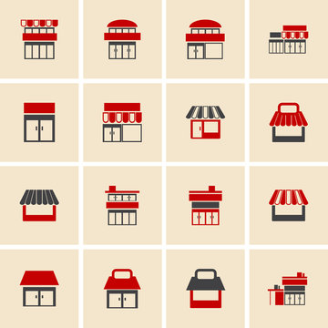Single shop, store shop, supermarket vector icons set