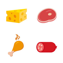cheese, ham, chicken, salami, set, design elements, flat style, vector illustration