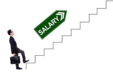 Male worker with salary text on stairs