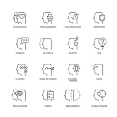 Fototapeta premium Human mind process, brain features line vector icons set. Brain human and process of psychology brain illustration