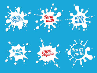 Milk emblems and dairy labels with splashes and blots. Vector milk stains and drops of cream