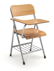 Wooden student chair with desk and armrest on white floor