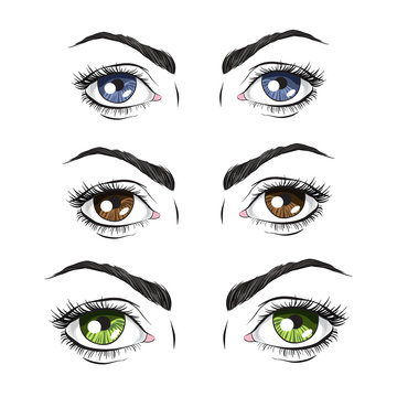 Set of three pairs of eyes, green, blue and Brown