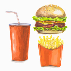 Watercolor fast food. Red pocket of french fries, red cola cup and fresh delicious burger on white background.