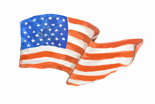 Watercolor american flag on white background. USA flag with stars and stripes. National patriotism and independence. American dream.