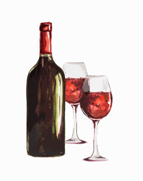 Watercolor red wine bottle with glasses. Isolated painted bottle of red wine. Restaurant menu and celebration drinking.