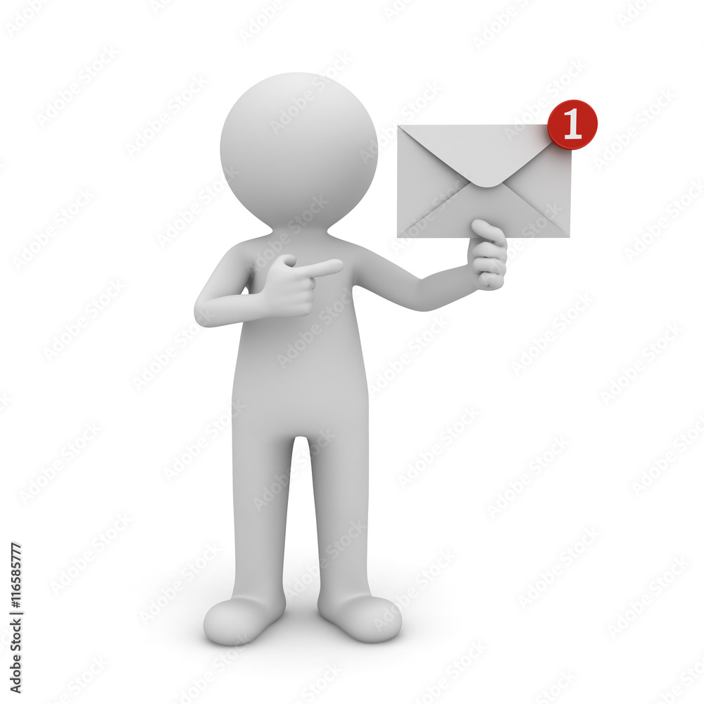 Fototapete 3d man holding E mail notification in his hand one new email message in the inbox concept isolated on white background with shadow 3D rendering