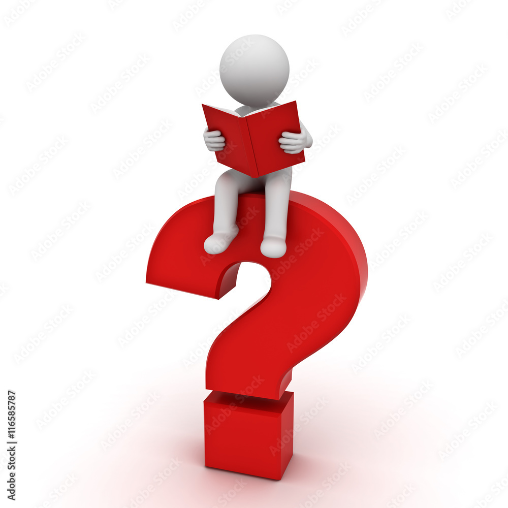 Sticker 3d man sitting on a big red question mark and reading a book isolated over white background with shadow 3D rendering