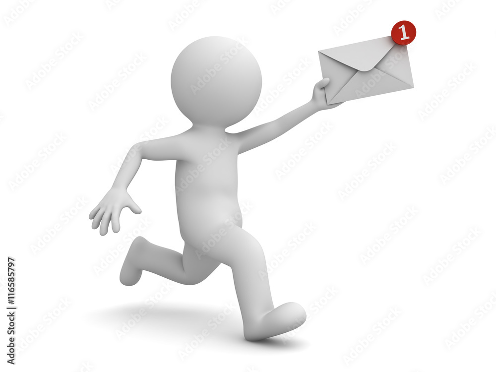 Aufkleber 3d man running with e mail notification in his hand concept isolated on white background with shadow 3D rendering