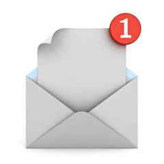 E mail notification one new email message in the inbox concept isolated on white background with shadow 3D rendering