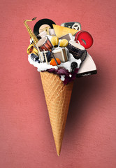 Music, musical instruments in a waffle cone