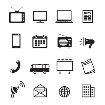 Advertising Media Silhouette Icons, Marketing And Television, Radio And Internet Content Vector