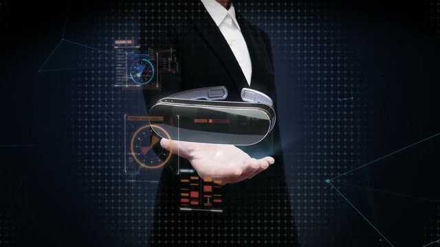 Businesswoman open palm, VR glasses with digital interface UI.augmented reality, vertual reality(included alpha)