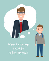 Kid wants to be a businessman poster. Smiling little boy chooses profession.