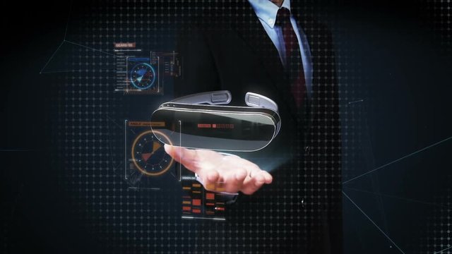 Businessman open palm, VR glasses with digital interface UI.augmented reality, vertual reality(included alpha)