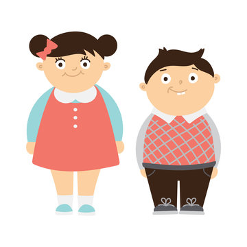Funny chubby children on white background. Cute boy and girl smiling. Kids with bellies.